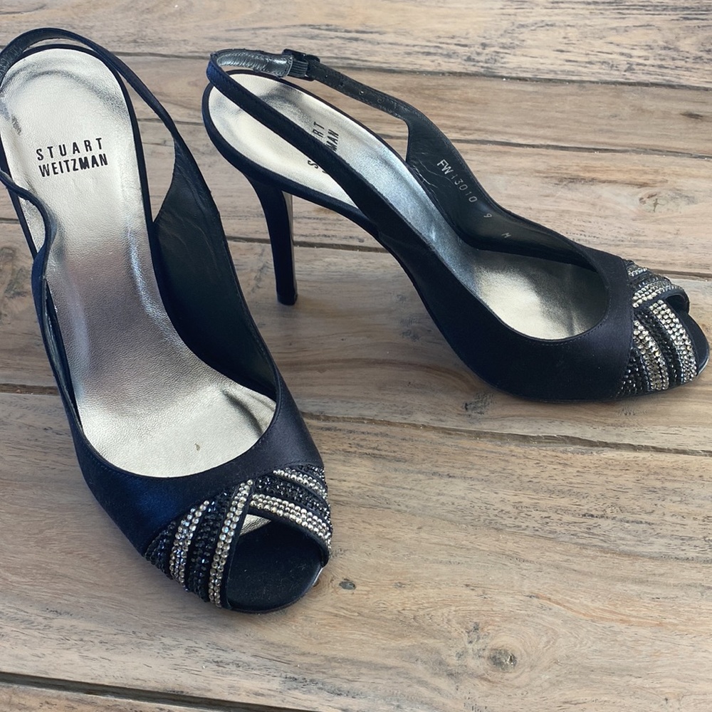 STUART WEITZMAN - Black satin and SWAROVSKI crystal peep toe pumps  - Size 9